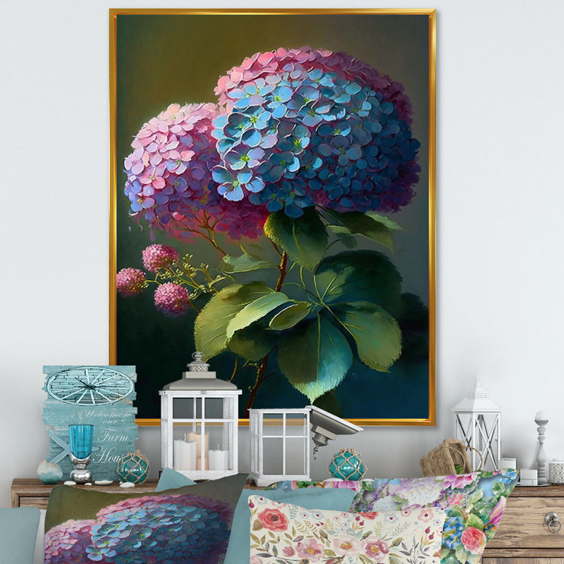 " Retro Hydrangena III ", 20" H x 12" W x 1" D, Gold Floater Framed Canvas