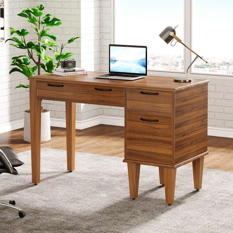 Bureau d'ordinateur 47 po à 3 tiroirs, bureau brun avec classeur