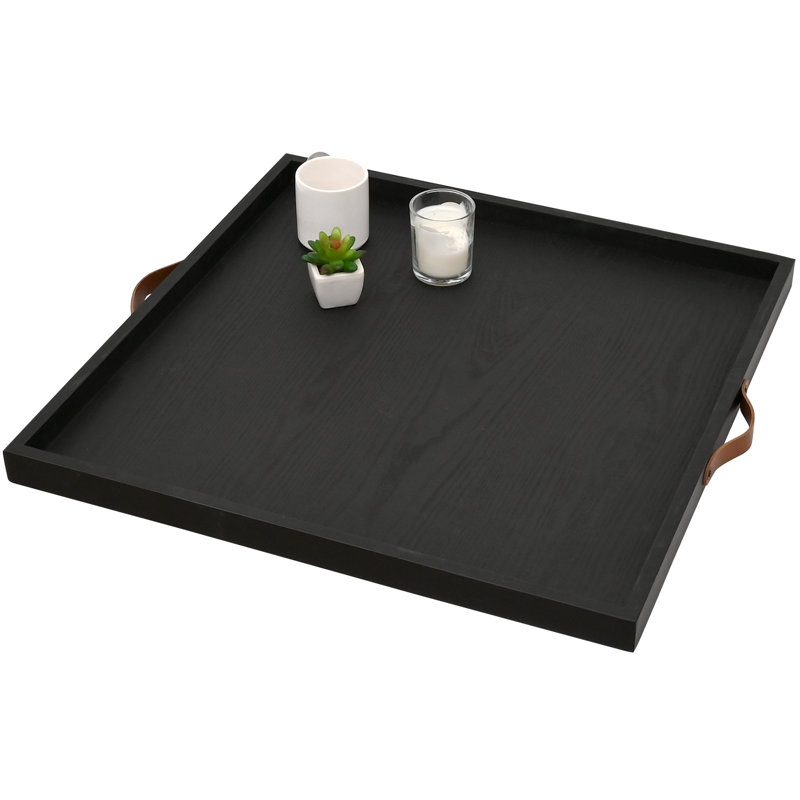 24 X 24 Inches Extra Large Square Wood Ottoman Tray With Leather Handles, Black