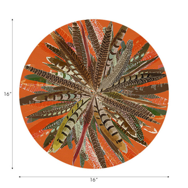Pheasant Feathers Vegan Leather Round Pebble Placemat, Orange
