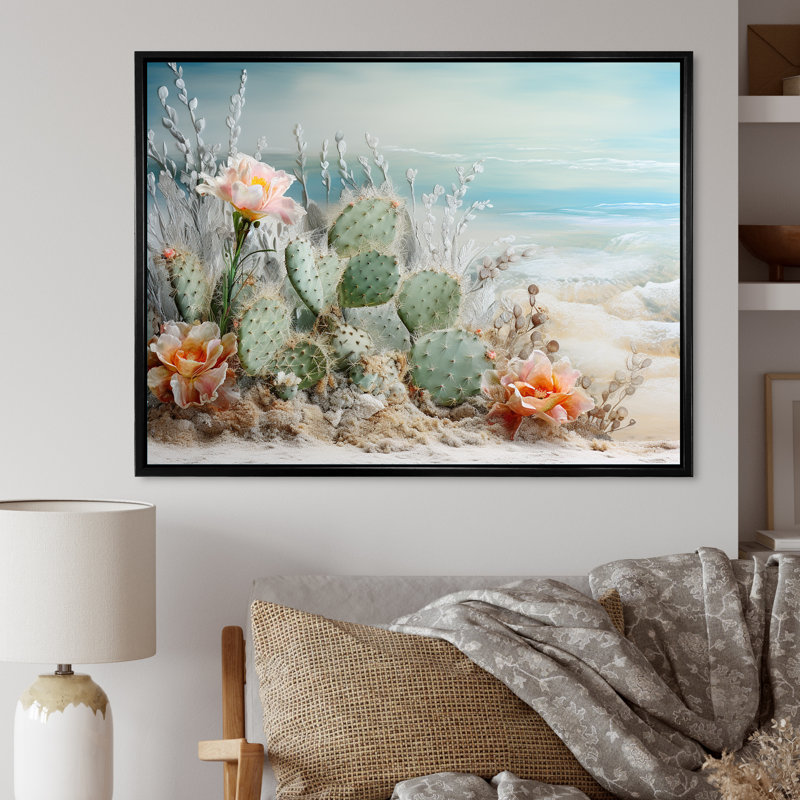 Collage de cactus sur la plage I sur toile, H 12 po x l 20 po x P 1 po, Cadre flottant noir