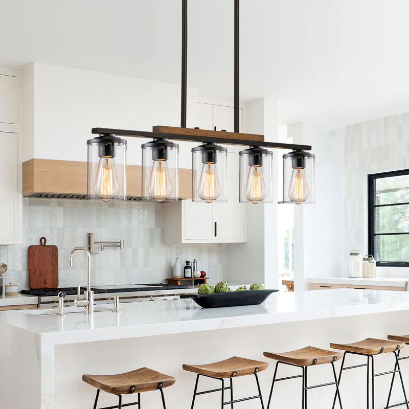 Linear Black Wooden Kitchen Island Pendant Light, 5