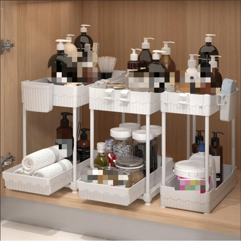 Ensemble de 3 organisateurs sous évier, étagères de rangement coulissantes à 2 niveaux, armoire de cuisine et de salle de bain polyvalente avec crochets et pieds antidérapants