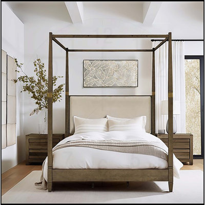 Élégant grand lit à baldaquin avec structure en bois massif et revêtement en polyester, parfait pour un sommeil luxueux et confortable