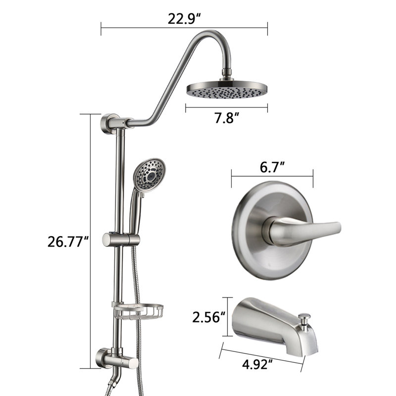 Brushed Nickel Shower Assembly With 8" Head And Adjustable Flow System Water Rain In