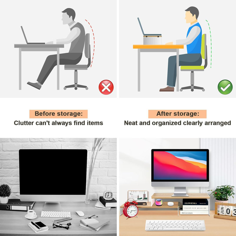 Support de moniteur en bois réglable, adapté aux bureaux, support double couche double avec pieds en acrylique, support d'organisation de tablettes de bureau, adapté aux ordinateurs portables, PCS, imprimantes, ordinateurs