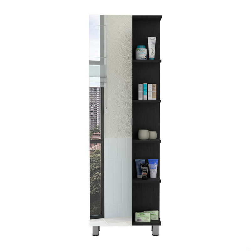 Mirror Linen Cabinet, Four Interior  Shelves, Five External Shelves, Black