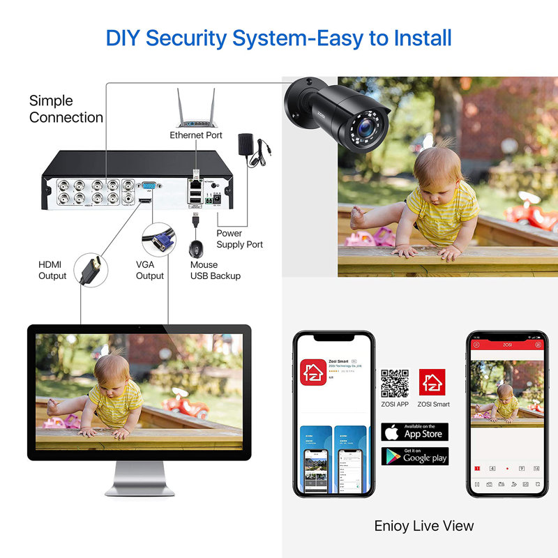8CH DVR Security Cameras System with 1TB HDD, 4 Outdoor Bullet Cameras, Motion Detection