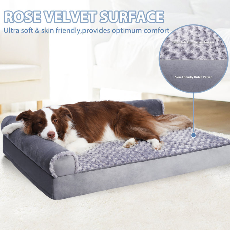 Large Gray Velvet Orthopedic Dog Sofa Bed with Waterproof Cover