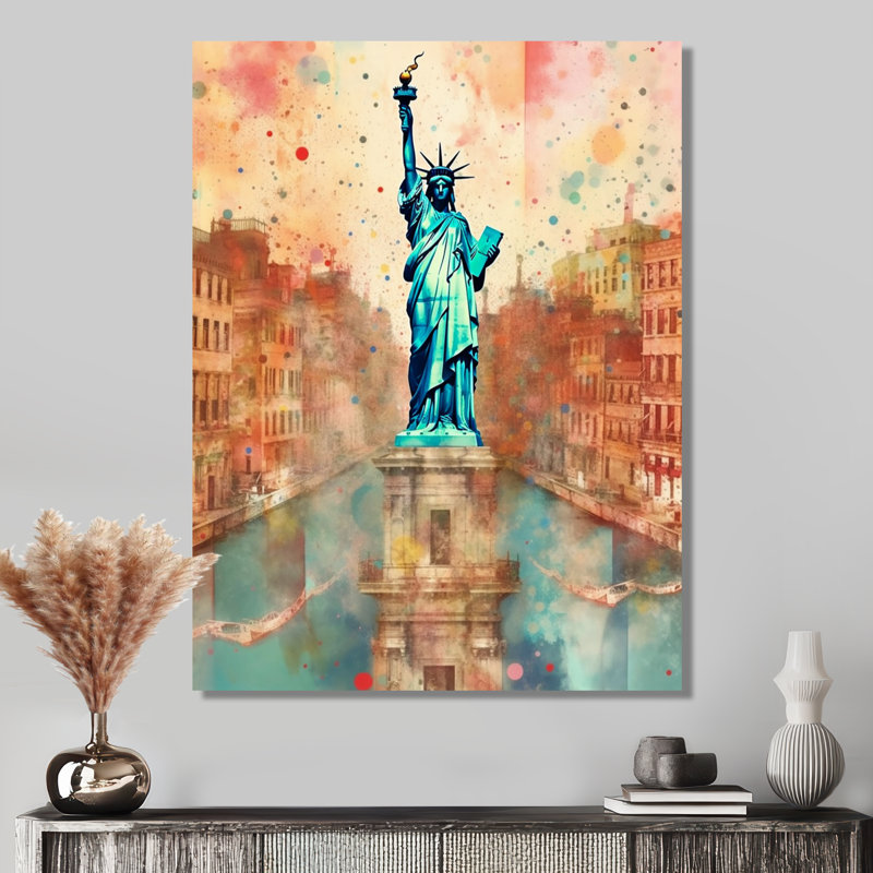 Statue de la liberté, collage rétro - New York City, art mural, Toile tendue, H 32 po x l 24 po