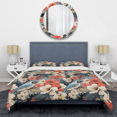 Gray and Coral Bird On Floral Brand - Ensemble de housse de couette floral