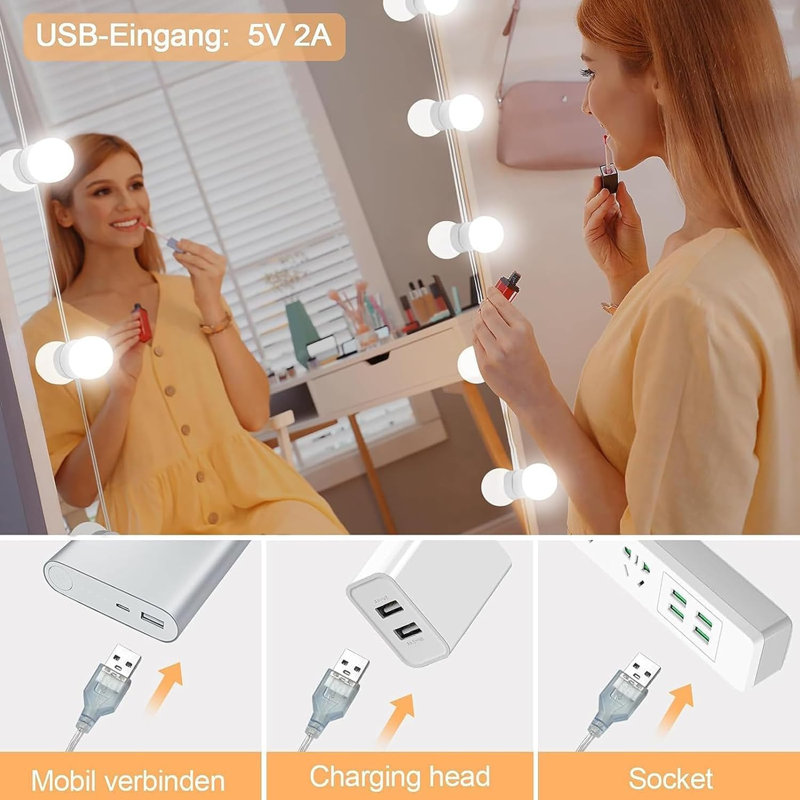 LED Vanity Mirror Lights Hollywood Style With 14 Dimmable Bulbs Adjustable Colour & Brightness USB Cable Stick-On For Makeup Table Dressing Room