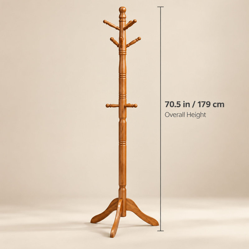 Freestanding Coat Rack with 9 Hooks, Solid Wood Coat Tree, Caramel Brown