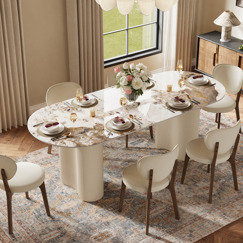 Table de salle à manger ovale moderne 71 "pour 6 personnes Jamani, plateau en pierre frittée blanc brillant, pieds en bois massif