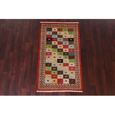 Tapis à carreaux en laine Gabbeh Kashkoli noué à la main 3 x 5