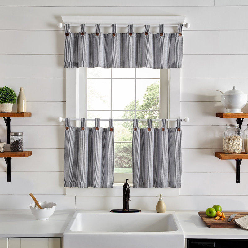 Liviana Cotton Striped Tailored Kitchen Curtain, 30" W x 36" L, Black
