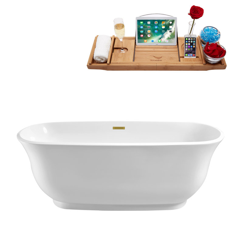 59" Streamline Freestanding Soaking Acrylic Bathtub With Drain and Bamboo Tray, Brushed Gold