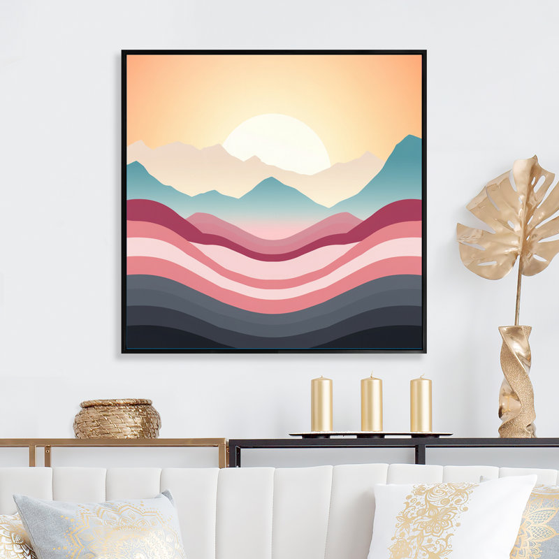 «Bold Graphic Sunset in Teal and Pink I», reproduction sur toile, H 24 po x l 24 po x P 1 po, Cadre flottant noir