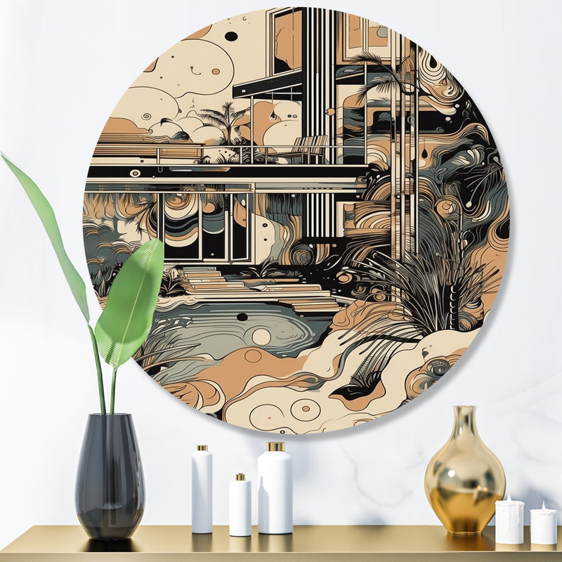 Art mural rond noir et gris sur horizon I - paysages abstraits sur métal, H 16 po x l 16 po x P 1 po
