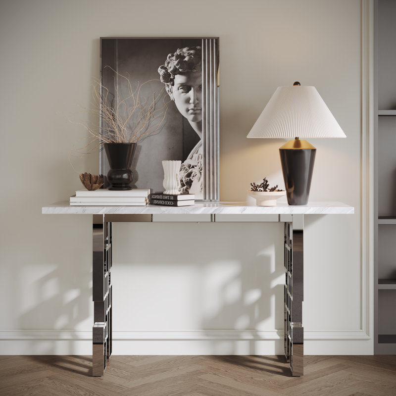 Silver Console Table, 55" Rectangle Grey Sintered Stone Sofa Table With Geometric Base, Modern Entryway Table For Home, Office
