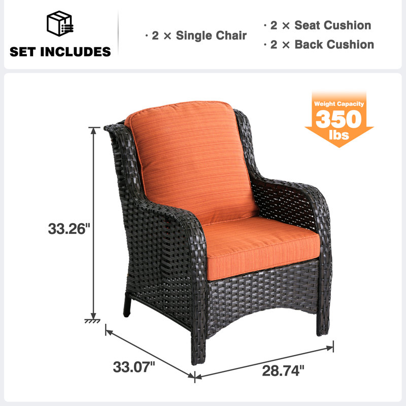 Guillen Wicker/rattan Patio Chair With Cushions, Orange Cushion/Brown Frame