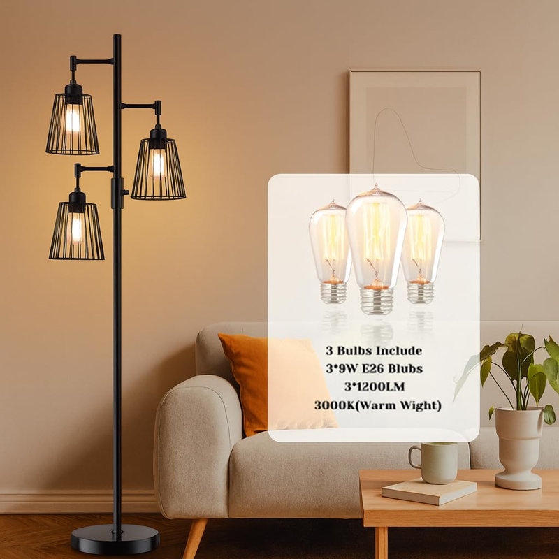 Dimmable Industrial Floor Lamp, Farmhouse Floor Lamp Standing Tree Lamp With 3 Elegant Teardrop Cage Heads & Included 3 X 1200LM Edison LED Bulbs, Tall Lamp For Living Room, Bedroom (Gold)