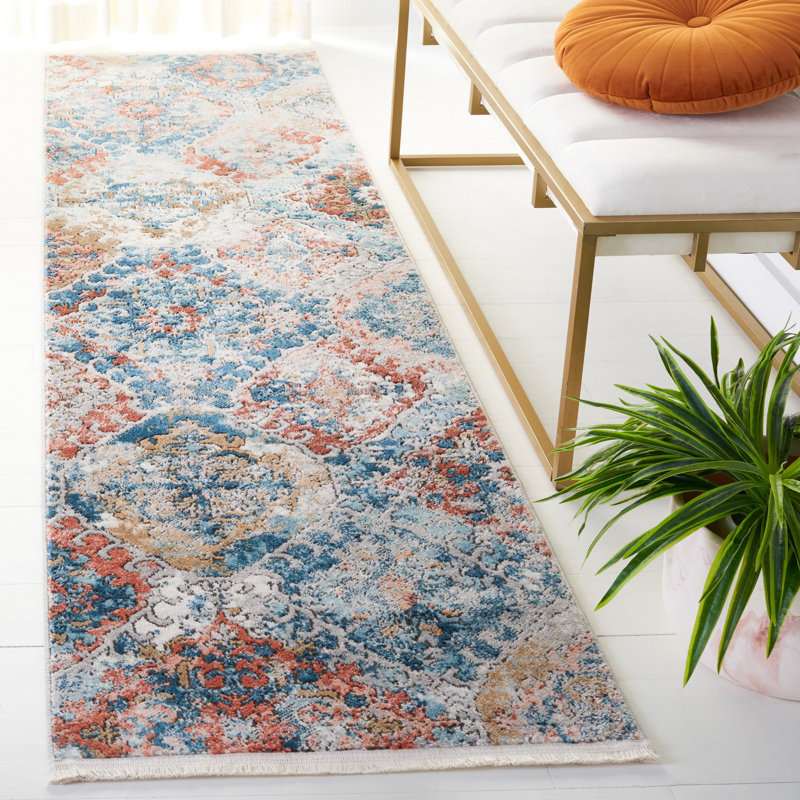 Tapis oriental bleu / rose Franek, Tapis de couloir 2 pi 2 po x 8 pi