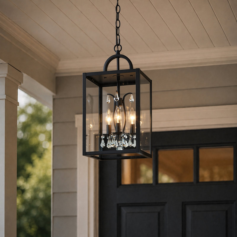 Lanterne suspendue d'extérieur réglable à 3 lumières avec détails en cristal, Noir