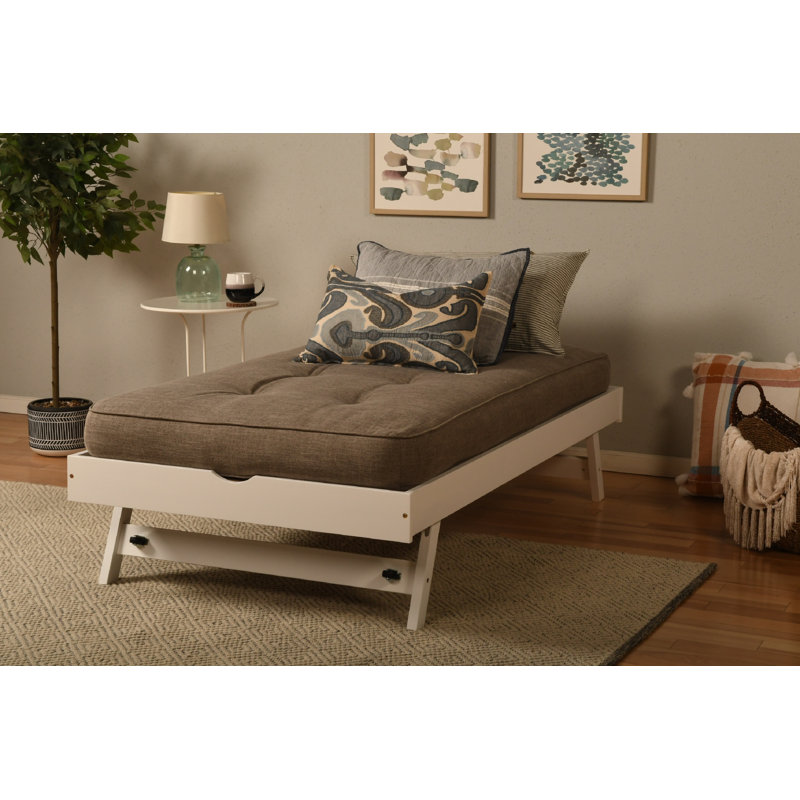 Alhamdi Solid Wood Pop Up Bed with Mattress, White/Linen Stone