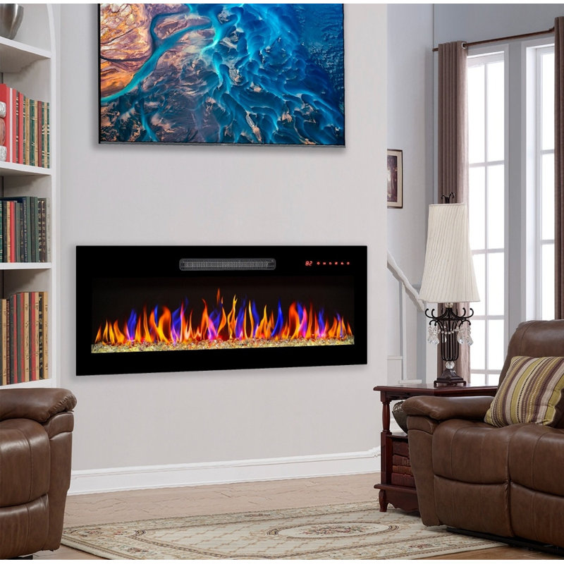 36 Inch Wall-Mounted Electric Fireplace - Ultra-Thin Design, Tempered Glass Front, Remote Control, Multi-Color Flame & Ember Effects, LED Heater