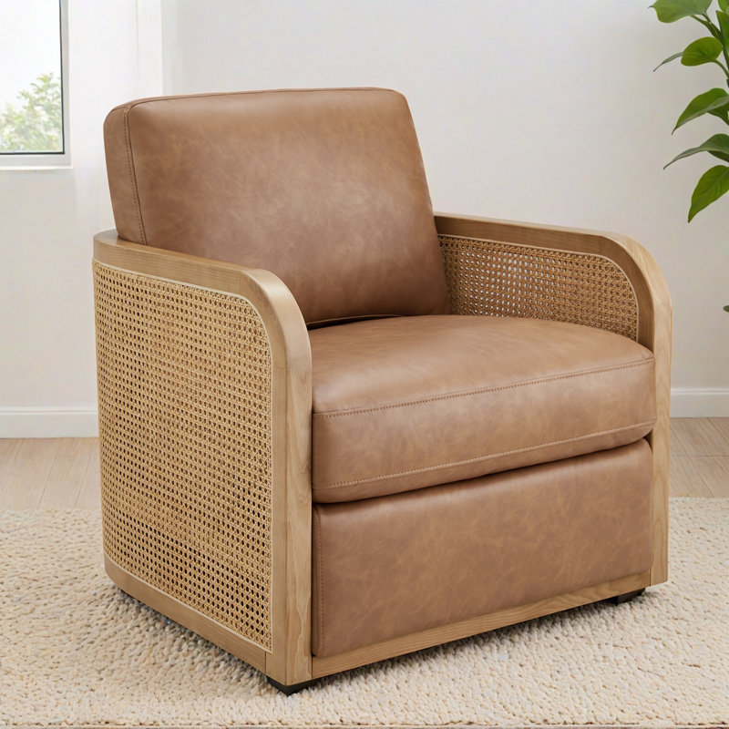 Juliette Faux Leather Natural Cane Swivel Barrel Chair, Copley Camel Vegan Leather