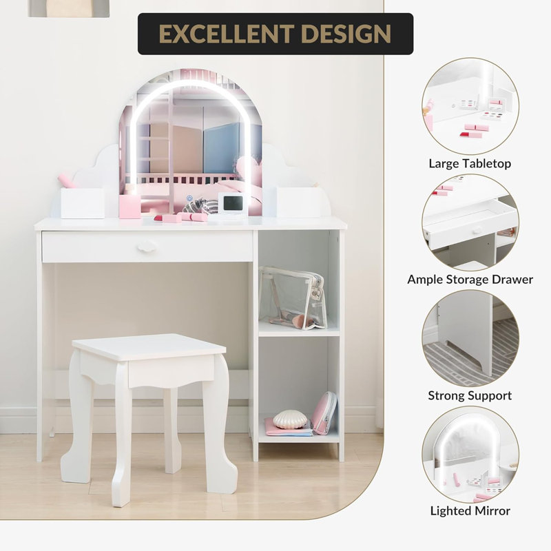 Lighted Mirror & Open Shelves Vanity Desk - Princess Makeup Table with Stool, Drawer & Pretend Toys, Wooden Dressing Table