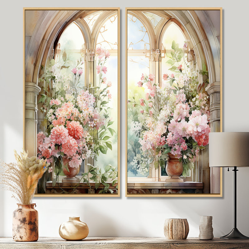 «Pink Blossoming Country Window Gaze V», art mural 2 pièces, 32" H x 32" W, Impression encadrée flottante, Cream