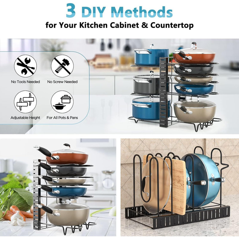 Support à 8 niveaux pour casseroles et poêles - Rangement de cuisine réglable sous l'armoire