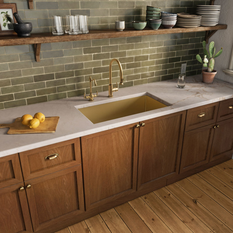 Noah Plus 33" L x 18" W Dual Mount Kitchen Sink with Basket Strainer, Brass