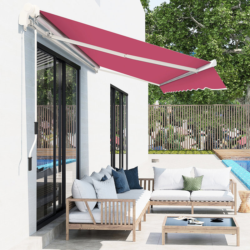 13' X 8' Retractable Yard Awning, Patio Sunshade With Manual Crank, & Water- Material, Aluminum Frame For Deck, Balcony, Red Canopy Tint Shelter