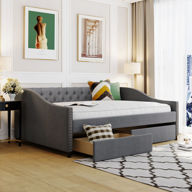 Full Size Upholstered Daybed With Two Drawers, Gray, Strong Base Structure, Gray