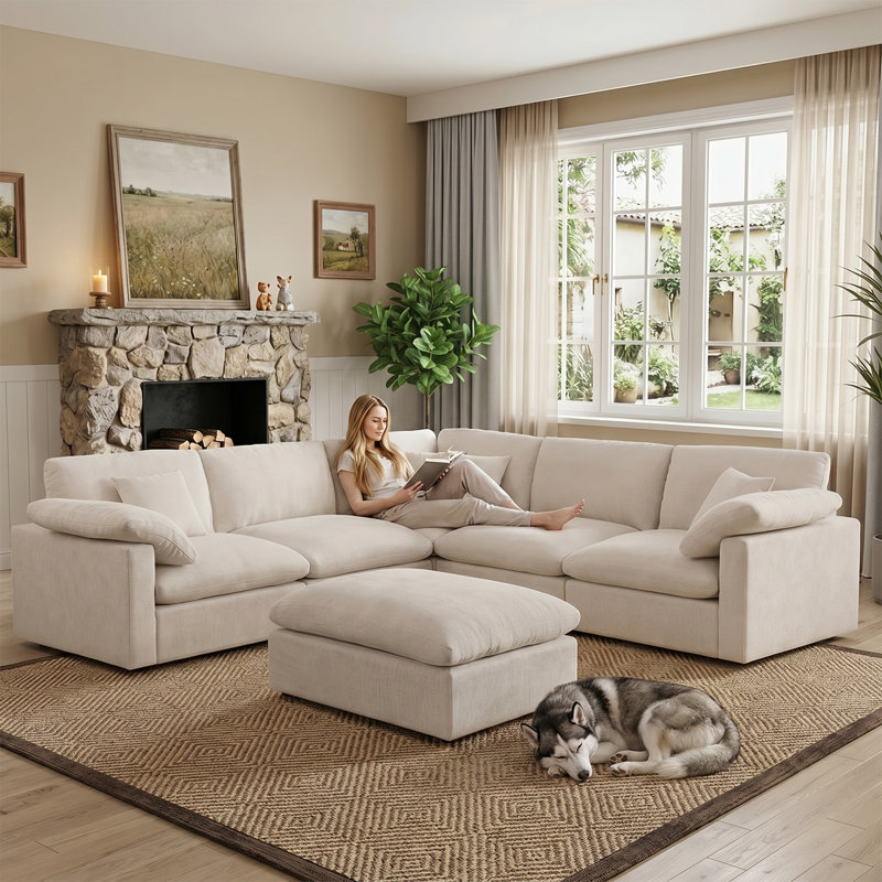 6 Piece 110" Chenille Sectional Sofa Oversized Modular Reversible Deep Seat Cloud Couch With Corner & Removable Ottoman