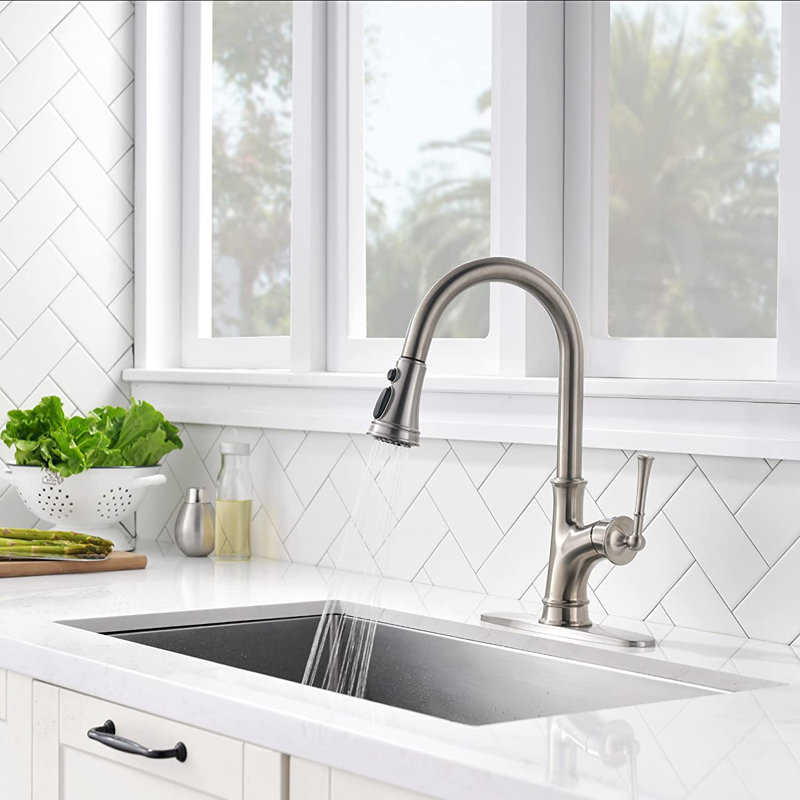 Pull Down Single Handle Kitchen Faucet with Sprayer and Deck Plate, Brushed Nickel