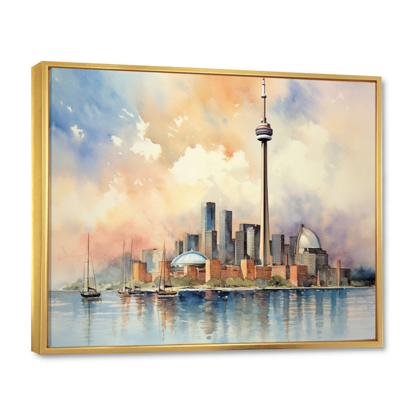 Toronto Watercolor Landscape - Ontario Wall Art Living Room, H 24 po x l 32 po x P 1 po, Cadre flottant doré