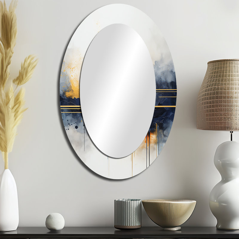 Blue And Yellow Fluid Harmony Painting III - Large Oval Wall Mirror On Metal, 36" x 24"