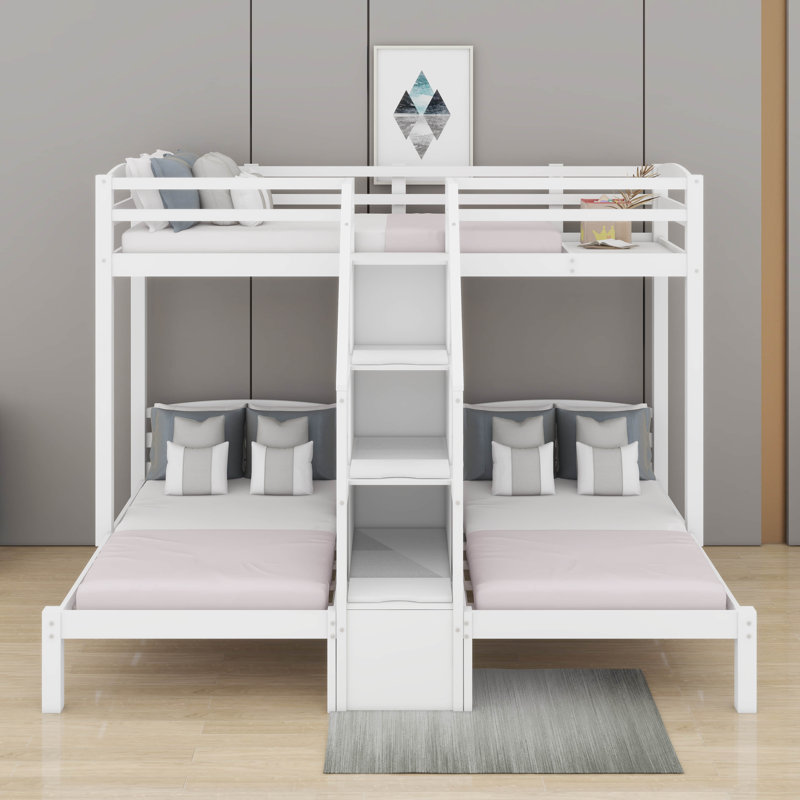 Twin Over Twin & Twin Bunk Bed With Staircase And Drawer, White
