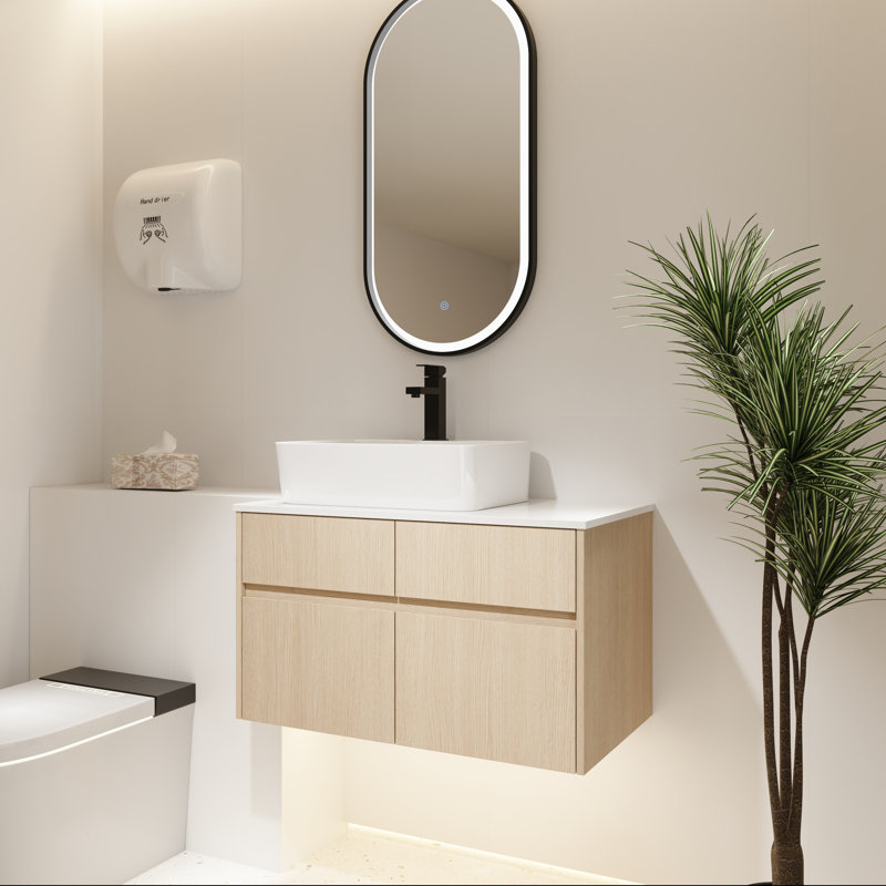 Meuble-lavabo mural 32 po avec tiroir à fermeture en douceur et lavabo en céramique, Chêne blanc