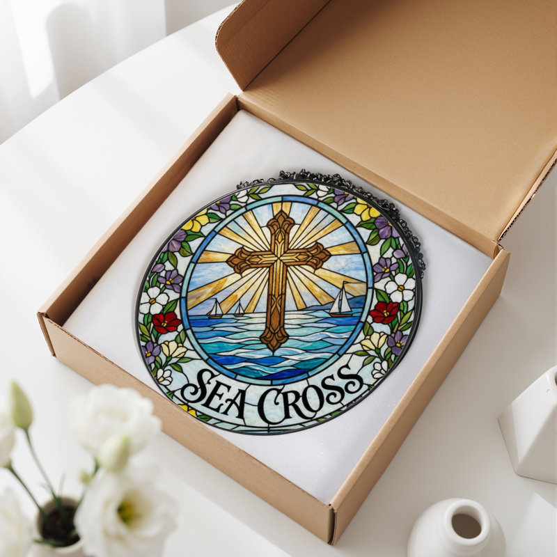 Panneau de vitrail 12 "H Sea Cross, 12" H x 12" W