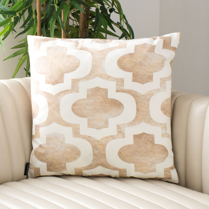 Beige and White Moroccan Tile Square Throw Pillow