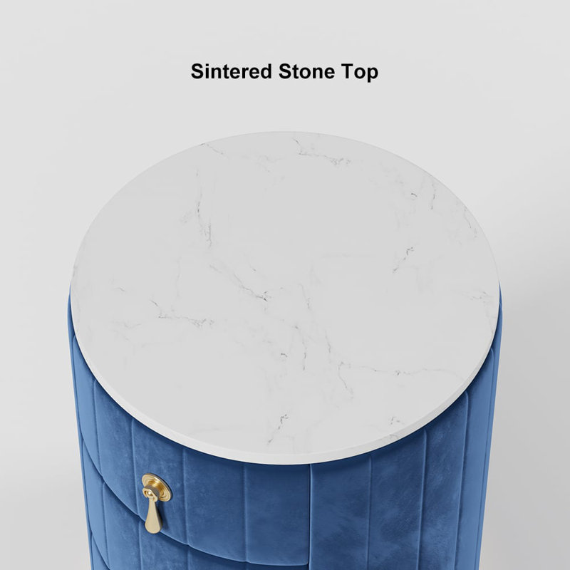 Blue 3 Drawers Velvet Round Nightstand With Sintered Stone Top, Blue