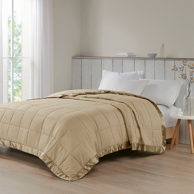 Lightweight Blanket With Satin Trim, Taupe, 107.99" L x 95.99" W