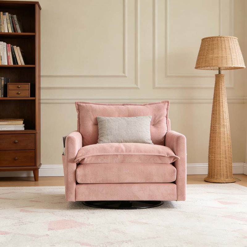 Thick Padded Arm Chair with Solid Metal Base, Comfortable Single Sofa Chair, Swivel Accent Chair, Pink