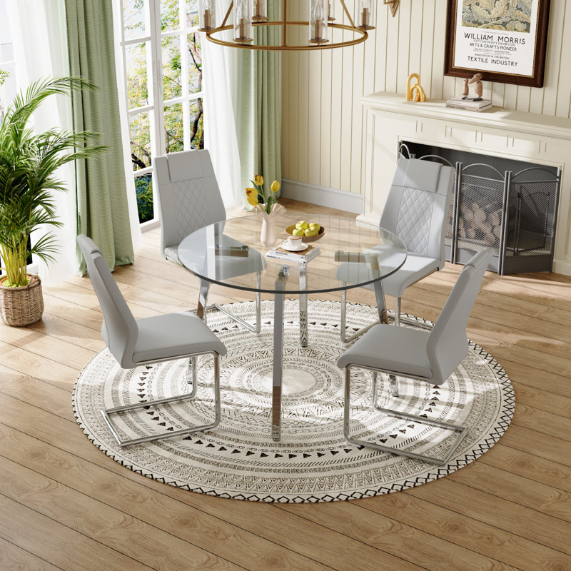 Glass Top Dining Set, Light Gray/Silver, 5, Silver