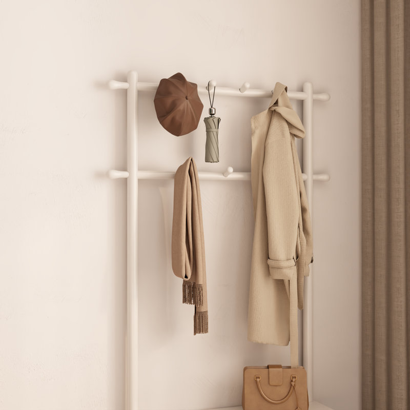 Porte-manteau Aaryahi en bois massif avec banc, rangement à chaussures et 11 crochets, organisateur d'entrée, Blanc